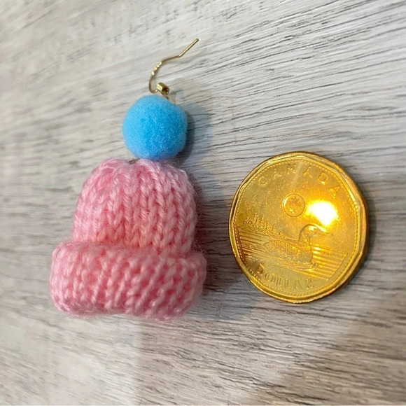 Handmade Knit Toque Earrings with Pom Pom - Pink and Blue - Picture 5 of 11
